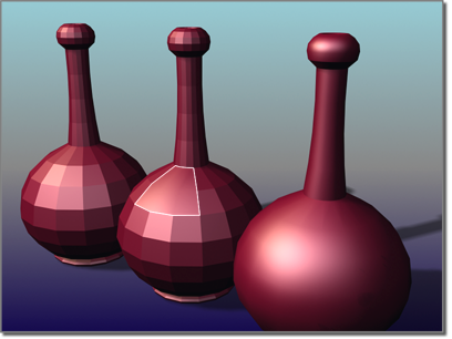 من اليسار إلى اليمين : مجسم حاد المضلعات ، مجسم بين بين ، مجسم ناعم المضلعات